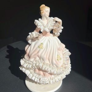 Vintage Porcelain Ardalt Bisque Victorian Lady in Lace Dress Working Music Box